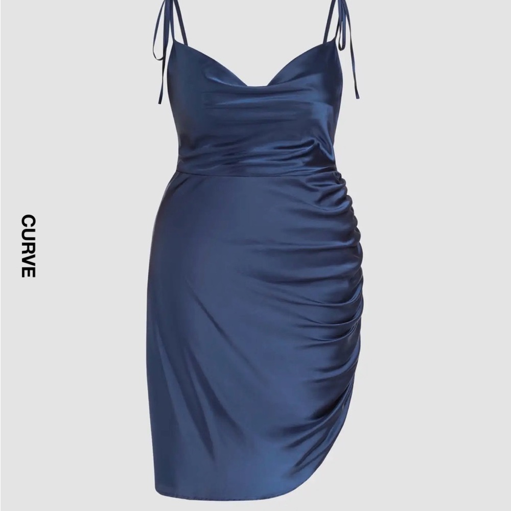 Cider Navy Blue Satin Ruched Midi Dress